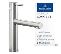 Villeroy & Boch Como Sky, grifo de cocina de alta presión con cartucho cerámico, regulador de caudal y giro de 360°, altura del caño 153 mm, acero inoxidable