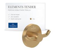 Villeroy & Boch Elements Tender - Gancho doble para toallas de pared, gancho de pared de zinc, accesorios de baño, gancho de baño redondo, 76 x 32 x 54 mm, oro cepillado
