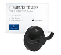Villeroy & Boch Elements Tender - Gancho doble para toallas de pared, gancho de pared de zinc, accesorios de baño, gancho de baño redondo, 76 x 32 x 54 mm, negro mate
