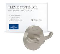 Villeroy & Boch Elements Tender, gancho doble para toallas para montaje en pared, gancho de pared de zinc, accesorio de baño, redondo, 76 x 32 x 54 mm - Níquel Cepillado Mate