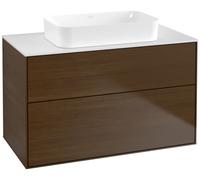 Villeroy & Boch Finion mueble bajo para lavabo, 2 cajones, con iluminación, centro lavabo, sin agujero para grifo, 1000x603x501mm, Cristal Matt White, G64100GN, Color: Chapa de Nogal