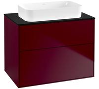 Villeroy & Boch Finion mueble bajo para lavabo, 2 cajones, con iluminación, centro lavabo, sin agujero para grifo, 800x603x501mm, Cristal Negro Mate, G63200HB, Color: peonía