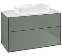 Villeroy & Boch Finion mueble bajo para lavabo, 2 cajones, con iluminación, centro lavabo, sin agujero para grifo, 1000x603x501mm, Cristal Matt White, G64100GM, Color: Laca Mate Oliva