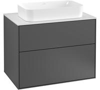 Villeroy & Boch Finion mueble bajo para lavabo, 2 extraíbles, centro lavabo, sin agujero para grifo, 800x603x501mm, Cristal Negro Mate, F63200GF, Color: Laca Blanco Brillante