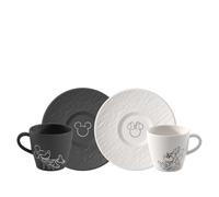 Villeroy & Boch Manufacture Rock - Mickey Mouse - Taza de café con plato, set 4 piezas, blanco y negro, para lavavajillas y microondas, acabado pizarra y decoración Disney Mickey Mouse