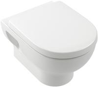 Villeroy & Boch O.Novo taza de inodoro con asiento de cierre suave suspendido sin reborde con descarga de remolino blanco brillante 5C39CLR1