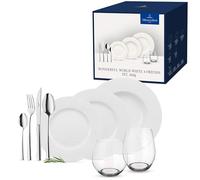 Villeroy & Boch - Servicio de Mesa Wonderful World White 4 Friends | Servicio de 36 Piezas para Fiestas, Porcelana Premium, Blanco, Acero Inoxidable 18/10, Cristal