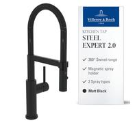 Villeroy & Boch Steel Expert 2.0 - Grifo de cocina de alta presión con función conmutable y caño giratorio, ahorro de agua, altura de caño 170 mm, color negro mate