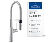Villeroy & Boch Steel Expert 2.0, grifo de cocina de alta presión con conmutador y caño giratorio con muelle espiral 360°, flujo laminar, altura del caño 170 mm, acabado cepillado, acero inoxidable