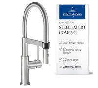 Villeroy & Boch Steel Expert Compact, grifo de cocina de alta presión con función de interruptor y caño giratorio con muelle espiral de 360°, flujo laminar, altura del caño 143 mm, acero inoxidable
