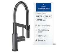 Villeroy & Boch Steel Expert Compact grifería de cocina, alta presión, grifo de cocina con función de conmutación y desagüe orientable, grifo de fregadero de bajo consumo, altura del caño 143 mm