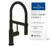 Villeroy & Boch Steel Expert Compact, grifo de cocina de alta presión con función de interruptor y caño giratorio con muelle espiral de 360°, flujo laminar, altura del caño 143 mm, negro mate