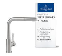 Villeroy & Boch Steel Shower, grifo de cocina de alta presión con rociador extraíble y caño giratorio de 360°, ColdStart de bajo consumo, instalación en ventana, altura 272 mm, acero inoxidable