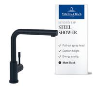 Villeroy & Boch Steel Shower, grifo de cocina de alta presión con rociador extraíble y caño giratorio de 360°, ColdStart de bajo consumo, altura 270 mm, negro mate