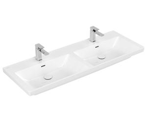 Villeroy & Boch Subway 3.0 armario lavabo doble, 2 agujeros para grifo, con rebosadero, sin pulir, 1300x475mm, 4A71D5R1, Color: Cerámica Blanca
