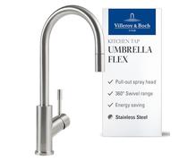 Villeroy & Boch Umbrella Flex, grifo de cocina de alta presión, grifo de fregadero con rociador extraíble y alcance giratorio de 360°, bajo consumo, altura del caño 220 mm, acero inoxidable