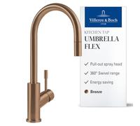 Villeroy & Boch Umbrella Flex grifería de cocina, alta presión, grifo de cocina con rociador extraíble y radio de giro de 360°, grifo de fregadero de bajo consumo, altura del caño 220 mm, bronce
