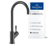 Villeroy & Boch Umbrella, grifo de cocina de alta presión, con ColdStart para ahorro de energía, cartucho cerámico y alcance giratorio de 360°, ahorro de agua, altura del caño 275 mm, Anthracite