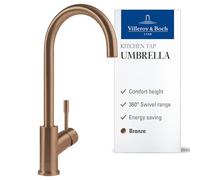 Villeroy & Boch Umbrella, grifo de cocina de alta presión, con ColdStart para ahorro de energía, cartucho cerámico y alcance giratorio de 360°, ahorro de agua, altura del caño 275 mm, bronce
