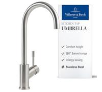 Villeroy & Boch Umbrella, grifo de cocina de alta presión, con ColdStart para ahorro de energía, cartucho cerámico y alcance giratorio 360°, ahorro de agua, altura del caño 275 mm, acero inoxidable