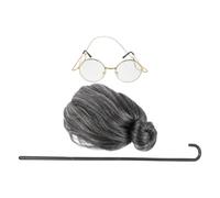VILLFUL Conjunto de Peluca Señora Mayor Bastón Desmontable y Gafas Realistas para Fiestas y Cosplay de Abuela, Portátil y Fácil de Guardar, Tamaño 91x10.5x2 Cm