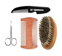 VILLFUL Kit Cuidado de Barba para Hombres 4 Piezas Peine de Madera Cepillo de Cerdas para Bigote y Barba Tijeras y Peine Doble Cara Set Portátil para Estilismo y Arreglo Diario