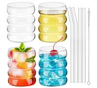 Vilomdur Juego de 4 Vasos de Vidrio de Burbujas, 350ML Vasos de Cristal Ondulados, Vasos de Café Helado, Vasos de Cóctel, con Pajitas de Cristal y Cepillo, para Cerveza, Batidos, Jugos, Leche, Soda