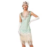 Viloree Mujer Flapper Vestidos 1920s Cuello En V con Flecos De Cuentas Gran Gatsby Vestido Lentejuelas Vestido Deco Verde Claro (50) XL