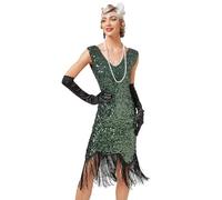Viloree Mujer Flapper Vestidos 1920s Cuello En V con Flecos De Cuentas Gran Gatsby Vestido Lentejuelas Vestido Deco Verde (52) XS