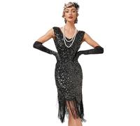 Viloree Mujer Flapper Vestidos 1920s Cuello En V con Flecos De Cuentas Gran Gatsby Vestido Lentejuelas Vestido Deco Negro (52) L