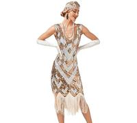 Viloree Mujer Flapper Vestidos 1920s Cuello En V con Flecos De Cuentas Gran Gatsby Vestido Lentejuelas Vestido Deco Dorado & Beige (49) L