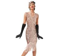 Viloree Mujer Flapper Vestidos 1920s Cuello En V con Flecos De Cuentas Gran Gatsby Vestido Lentejuelas Vestido Deco Rosa (52) S