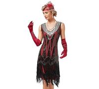 Viloree Mujer Flapper Vestidos 1920s Cuello En V con Flecos De Cuentas Gran Gatsby Vestido Lentejuelas Vestido Deco Rojo (50) 2XL