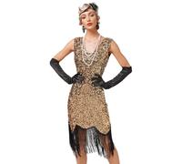 Viloree Mujer Flapper Vestidos 1920s Cuello En V con Flecos De Cuentas Gran Gatsby Vestido Lentejuelas Vestido Deco Negro & Dorado (52) XL