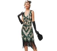 Viloree Mujer Flapper Vestidos 1920s Cuello En V con Flecos De Cuentas Gran Gatsby Vestido Lentejuelas Vestido Deco Dorado & Verde (49) M