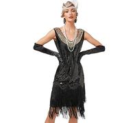 Viloree Mujer Flapper Vestidos 1920s Cuello En V con Flecos De Cuentas Gran Gatsby Vestido Lentejuelas Vestido Deco Negro (50) XS
