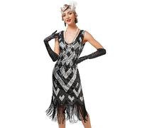 Viloree Mujer Flapper Vestidos 1920s Cuello En V con Flecos De Cuentas Gran Gatsby Vestido Lentejuelas Vestido Deco Negro & Plateado (49) S