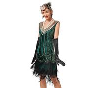 Viloree Mujer Flapper Vestidos 1920s Cuello En V con Flecos De Cuentas Gran Gatsby Vestido Lentejuelas Vestido Deco Verde (50) 3XL