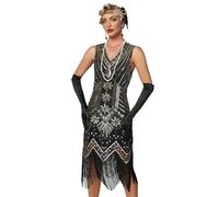 Viloree Vestido con Flecos y Lentejuelas con Cuello en V de los años 20 y Accesorios de los años 20 Negro & Dorado L
