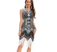Viloree Vestido con Flecos y Lentejuelas con Cuello en V de los años 20 y Accesorios de los años 20 Negro & Blanco 3XL