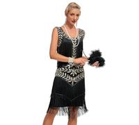 Viloree Vestidos de mujer estilo Flapper con cuello en V de los años 1920 con perlas rizadas, vestido grande Gatsby, L