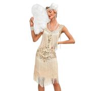 Viloree Vestidos de mujer estilo Flapper con cuello en V de los años 1920 con perlas rizadas, vestido grande Gatsby, L