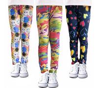 VilyR Leggings estampados para niñas, paquete de 3 unidades, elásticos, para danza, correr, yoga, deportes, pantalones de 3 a 10 años, Camuflaje, corazón azul marino, cara sonriente, 3-4 años