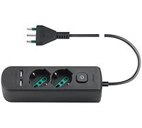 Vimar 0R00625.CC Enchufe múltiple con Interruptor y Cable de 1,5 m, 2 Universal estándar Italiano, 2 Salidas SICURY USB A, Enchufe Negro