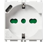 Vimar 14210.USB Plana toma 2 módulos SICURY 2P+T 16A 250V universal estándar italiano P40 y salida USB tipo C 5V y 3A para carga rápida, blanco