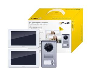 Vimar K40916 Kit videoportero de superficie, 2 videoporteros táctil LCD 7", placa audio-vídeo 2 pulsadores, alimentadores con enchufes intercambiables, soporte fijación, blanco, 2 Apartamento/Familia