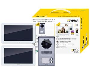 Vimar K40956 2-family video entry kit with: 2 hands-free 7in video entryphones with Wi-Fi connection, 2-button audio/video entrance panel, 2 supply units, with fixing bracket