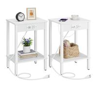 VIMBER - Juego de 2 mesas auxiliares con estación de carga, mesa auxiliar estrecha con puertos USB y tomacorrientes, mesillas de noche con estantes de almacenamiento de 2 niveles, mesa de sofá para