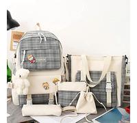 Vimlo 5 Pcs Kawaii Backpack Set with Pins Plush Bear Pendant, Canvas School Backpack Combo Set, Aesthetic Cute Plaid Check Handbag and Pencil Bag School Bag Daypack for School Teens (Color : Gray)