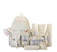 Vimlo 5 Pcs Kawaii Backpack Set with Pins Plush Pendant, Canvas School Backpack Combo Set, Aesthetic Cute Plaid Check Handbag and Pencil Bag School Bag Daypack for School Teens (Color : White)